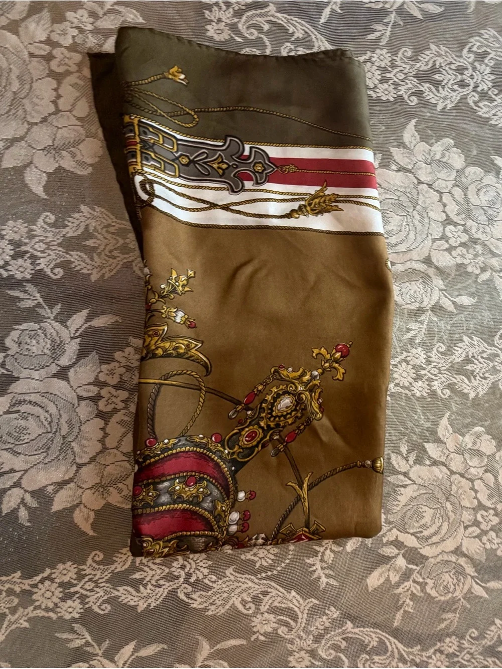 Vintage Olive Crown & Swords Decorative Silk Scarf